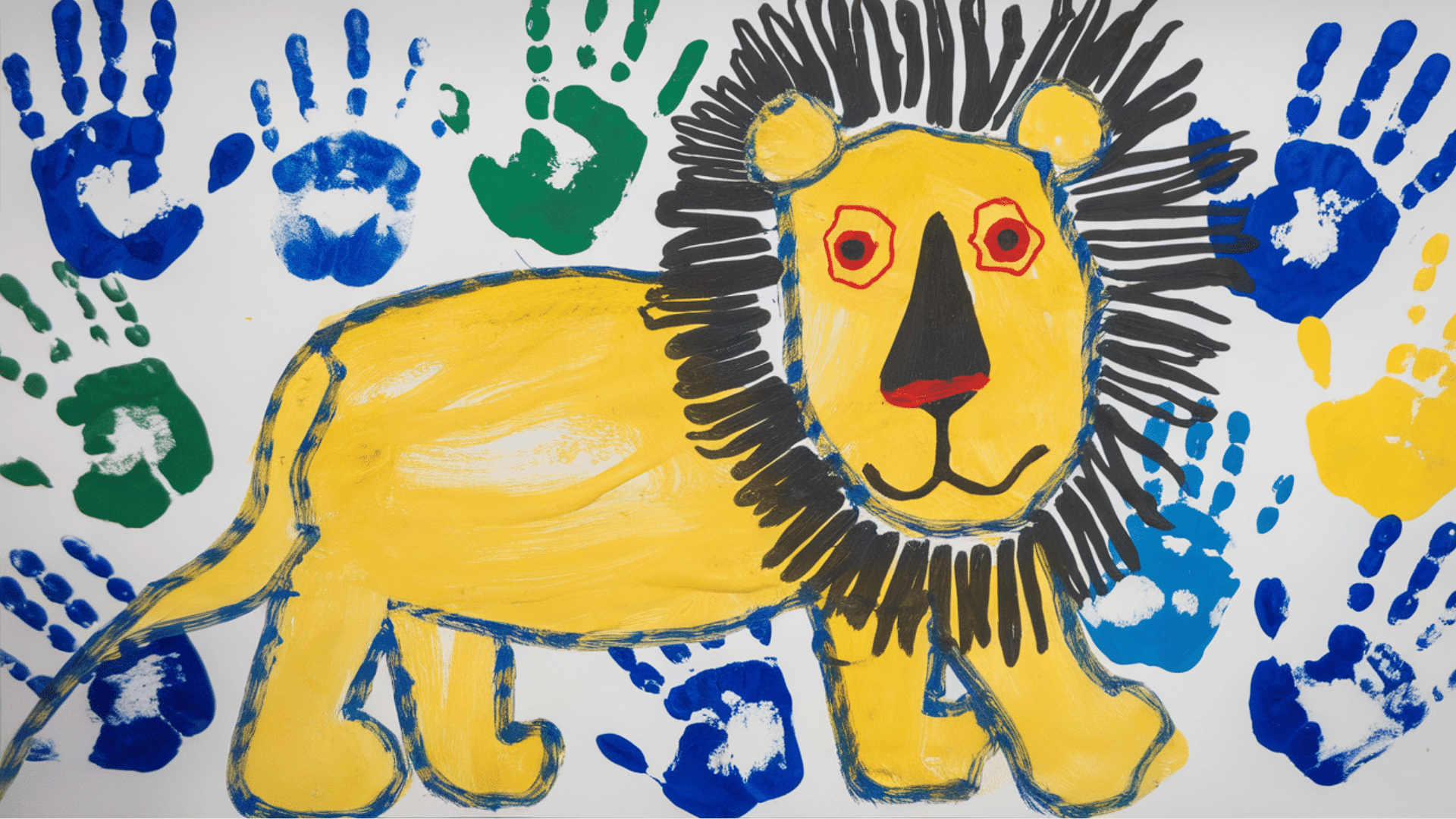 child’s colorful lion painting with handprint patterns on white background.