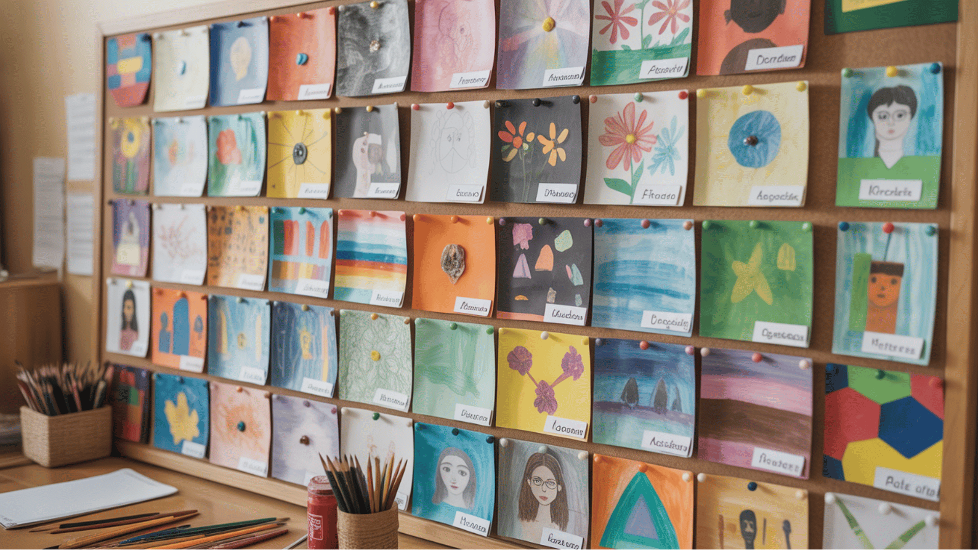 classroom display of small colorful student artworks arranged in a grid on a table.