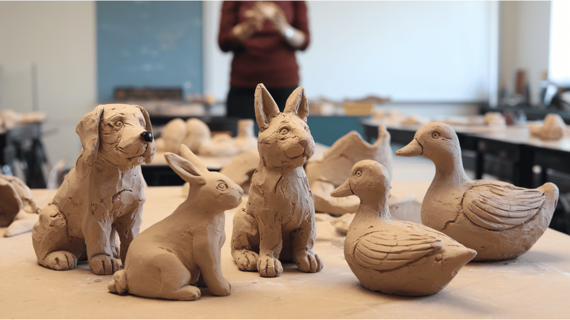 clay animal sculptures made by students displayed on a classroom table during an art project.