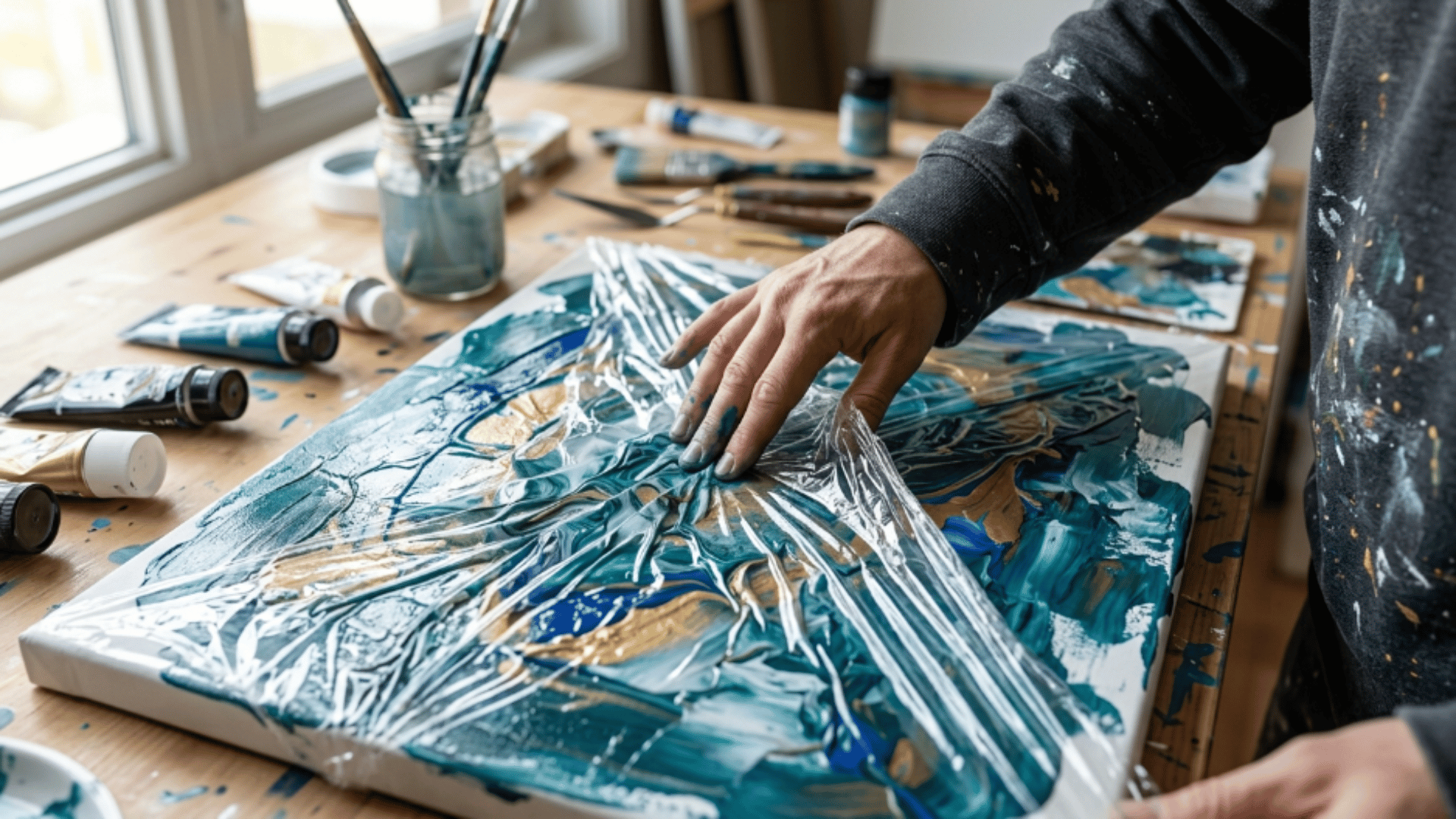 cling wrap pressed into wet acrylic paint forming abstract wrinkled patterns on canvas surface