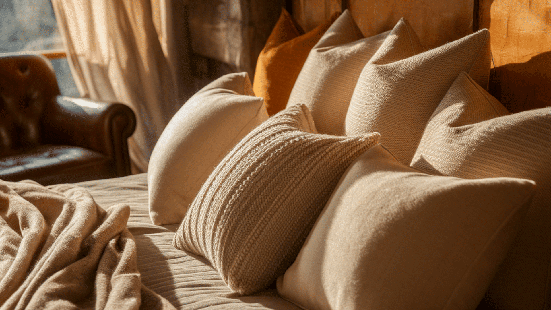 close-up of a cozy bed with textured pillows in a warm cabin bedroom.