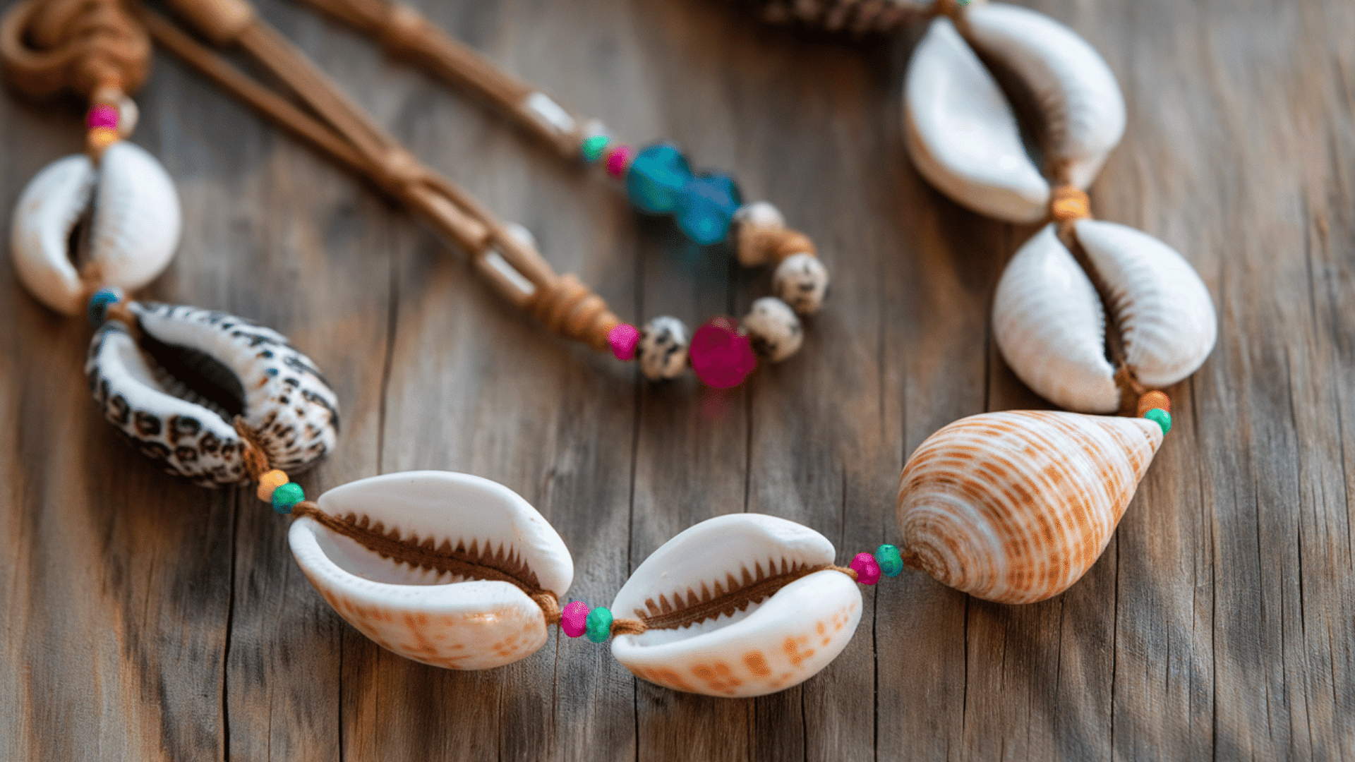 close-up of a seashell necklace, colorful beads threaded on string, with tie knot at the ends.