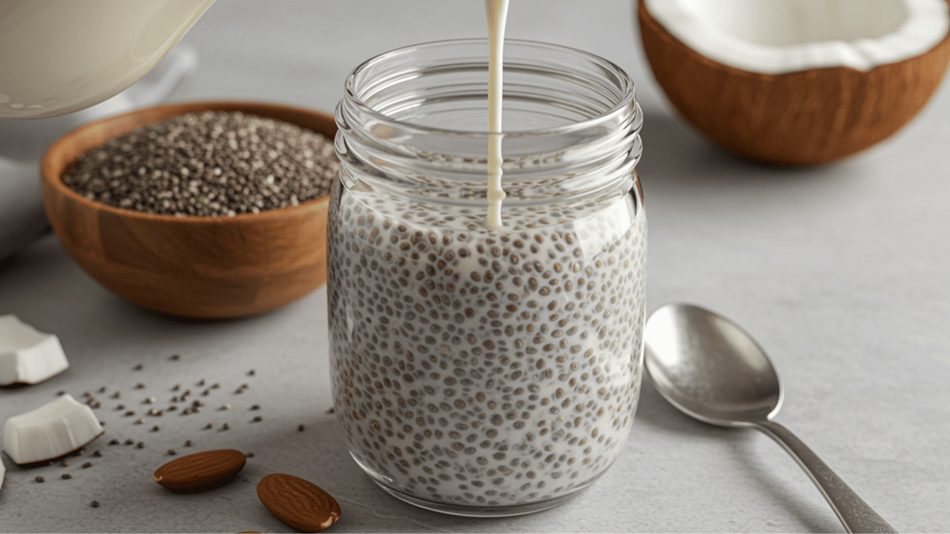 coconut milk being poured into a glass jar filled with chia seeds to prepare creamy coconut chia pudding on a kitchen countertop