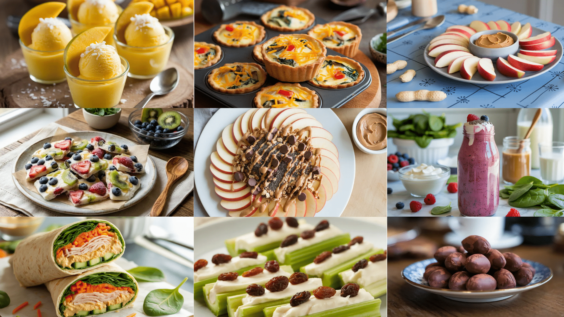 collage of healthy snack ideas including mango pudding mini quiches apple slices with peanut butter yogurt bark smoothie wrap celery sticks and chocolate treats