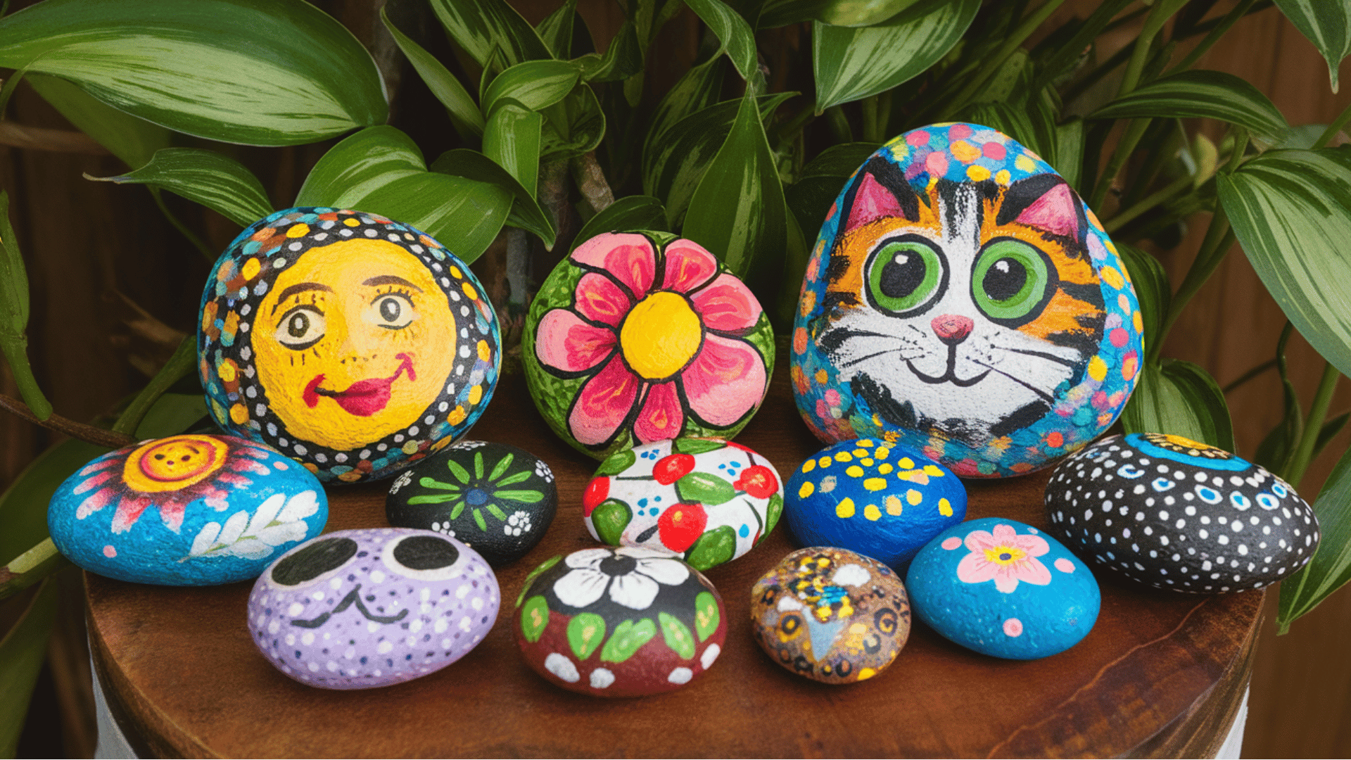 collection of brightly painted rocks with faces, flowers, and patterns