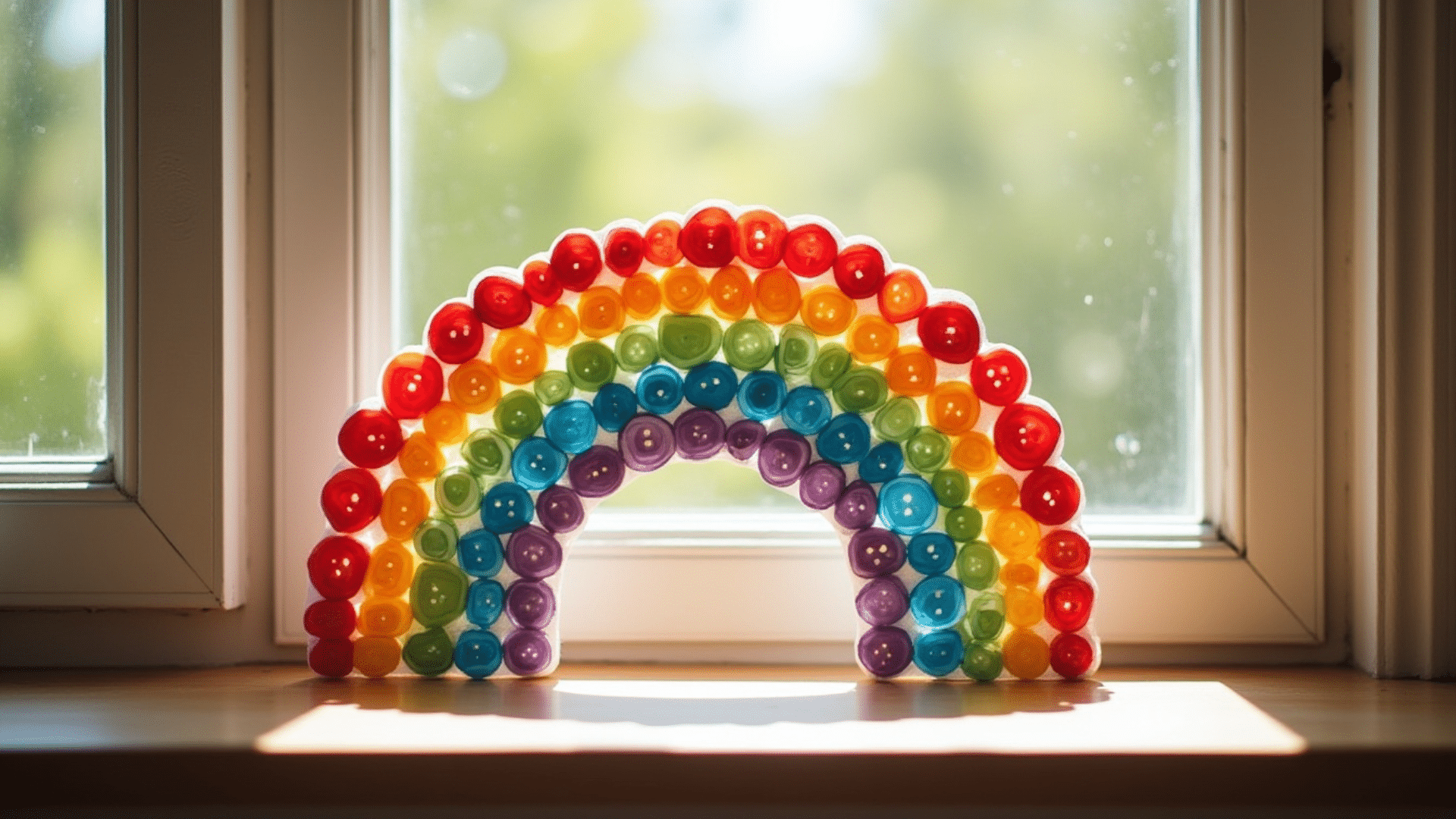 colorful buttons arranged in rainbow arcs and glued onto white cardstock by a child
