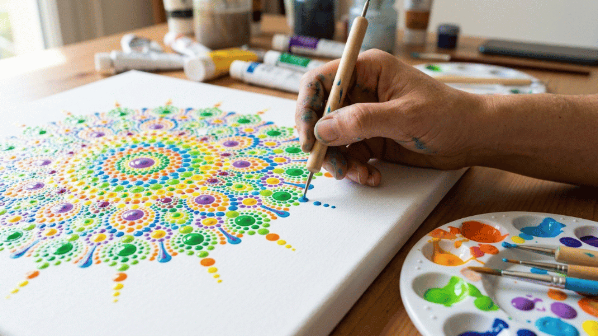 colorful dot painting technique forming mandala pattern with small acrylic dots across canvas surface