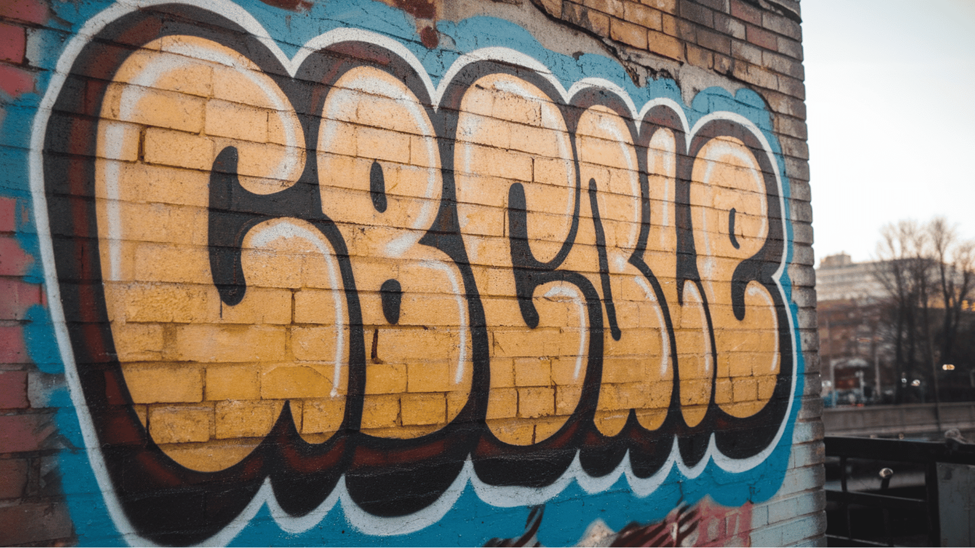 colorful graffiti-style lettering painted on a brick wall in an urban setting.