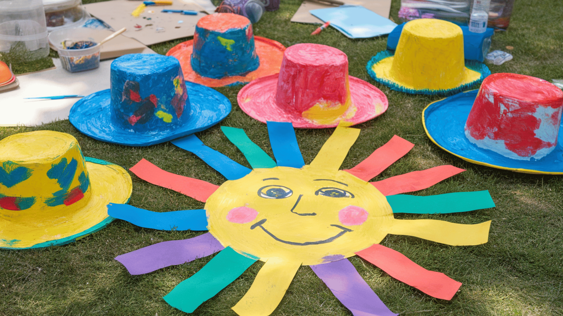 colorful painted paper hats in yellow, red, and blue with heart patterns, surrounded by rainbow sun strips (1)