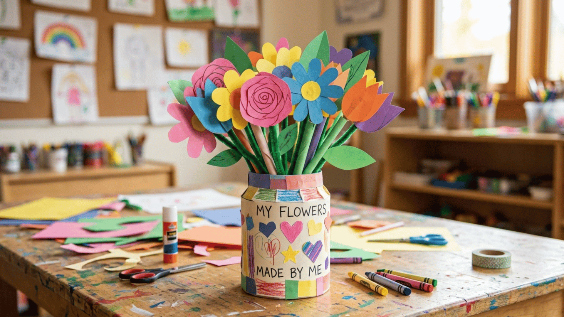 colorful paper flower craft in decorated jar on table with scissors glue crayons and kids artwork in classroom background