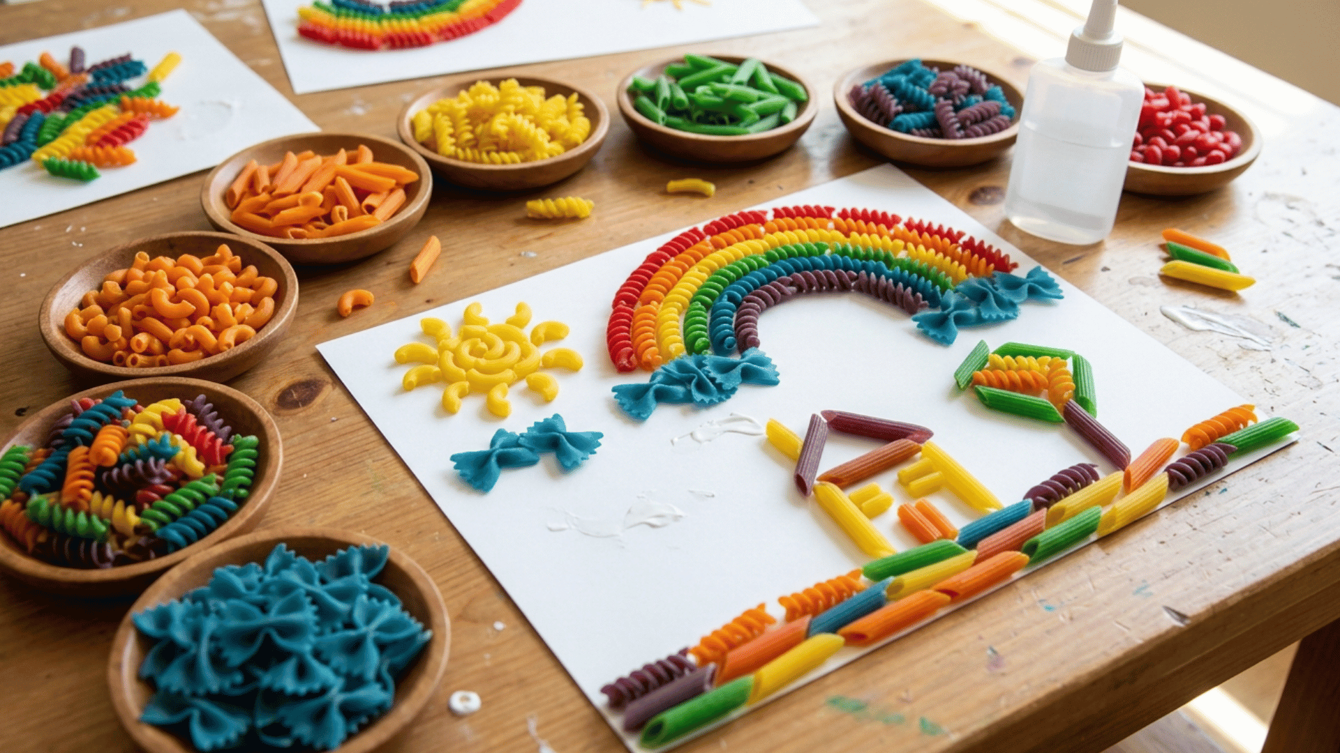 colorful rainbow pasta art glued onto paper by kids during a simple home craft activity