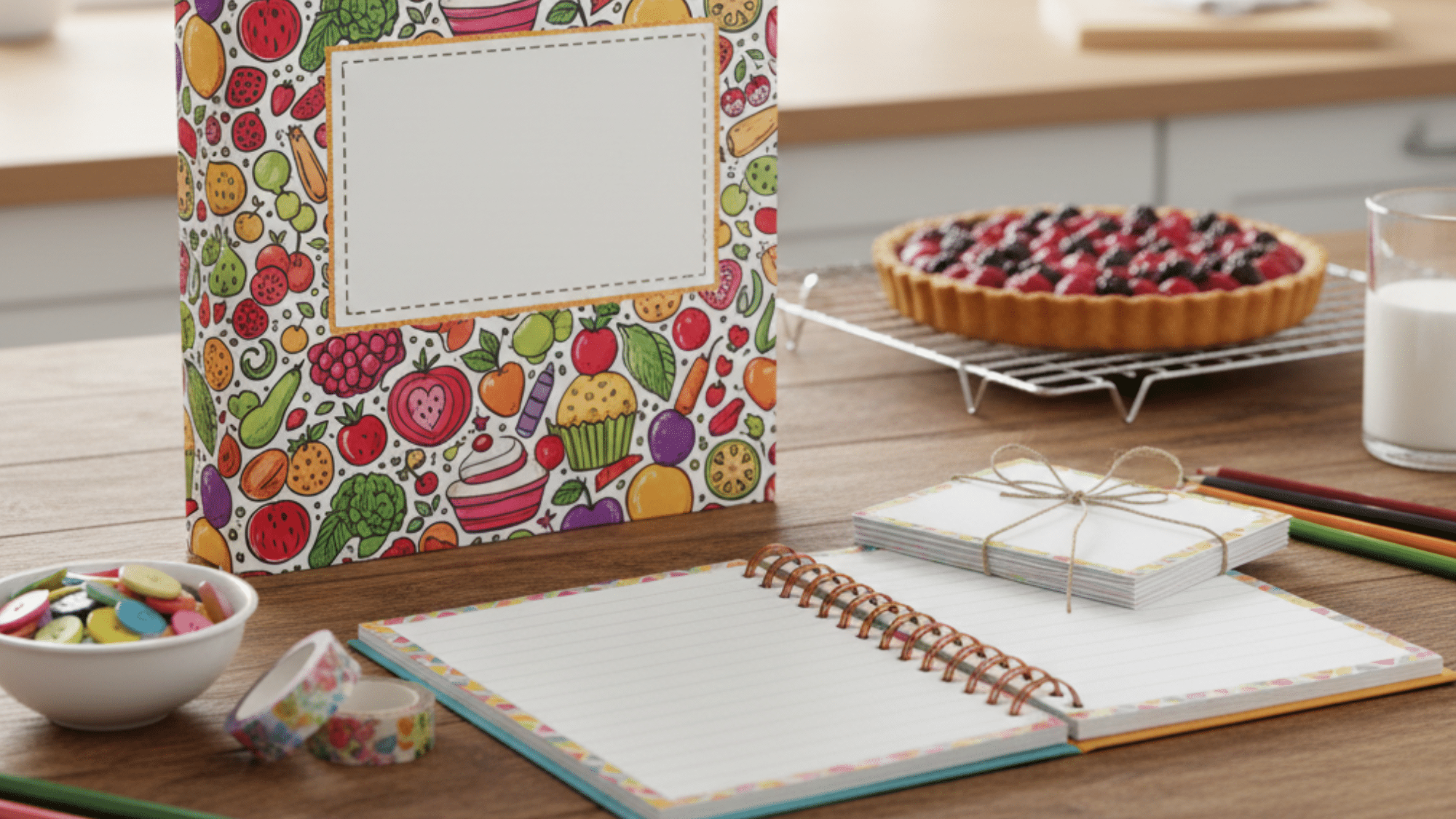 colorful stationery set with a book and candy design, featuring a notebook, notepad, and decorative items on a kitchen table.