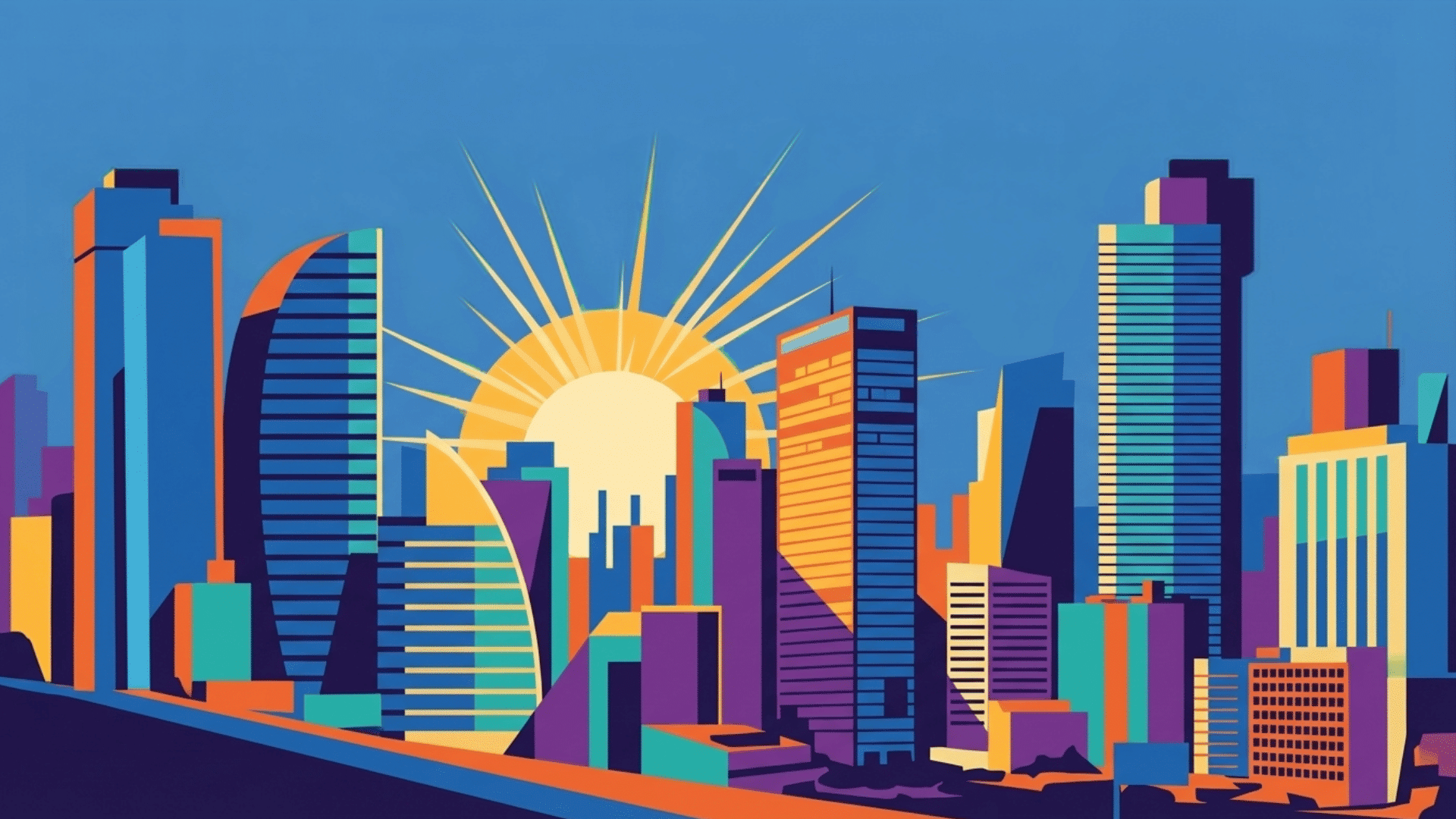 colorful vector illustration of a modern city skyline with geometric buildings, clean lines, bold shapes, and flat colors in a minimalist design