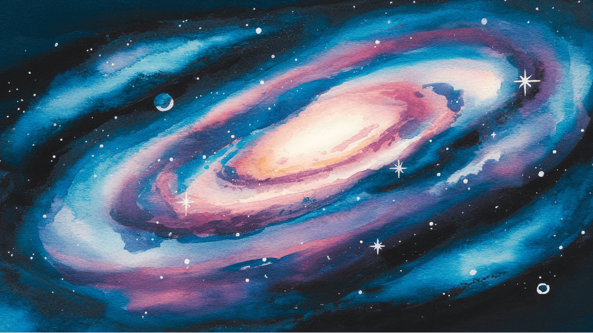 colorful watercolor galaxy painting with swirling stars and cosmic clouds.