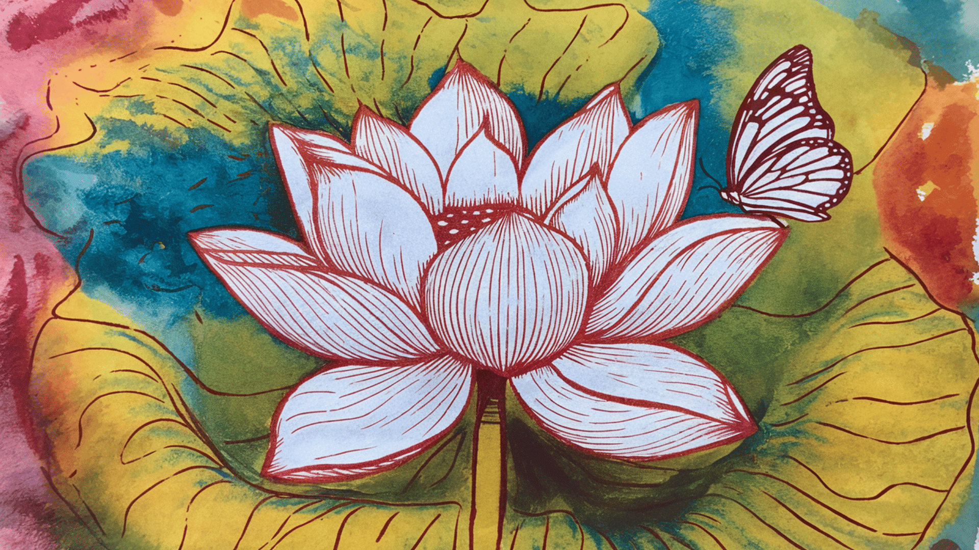 colorful watercolor resist painting of a lotus flower with a butterfly on a vibrant background.