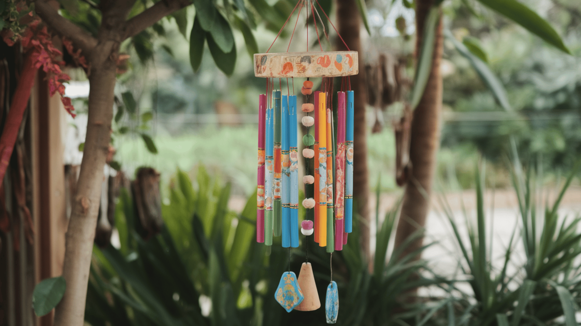 colorful wind chimes made from wooden sticks, beads, and bells hanging from string, painted base