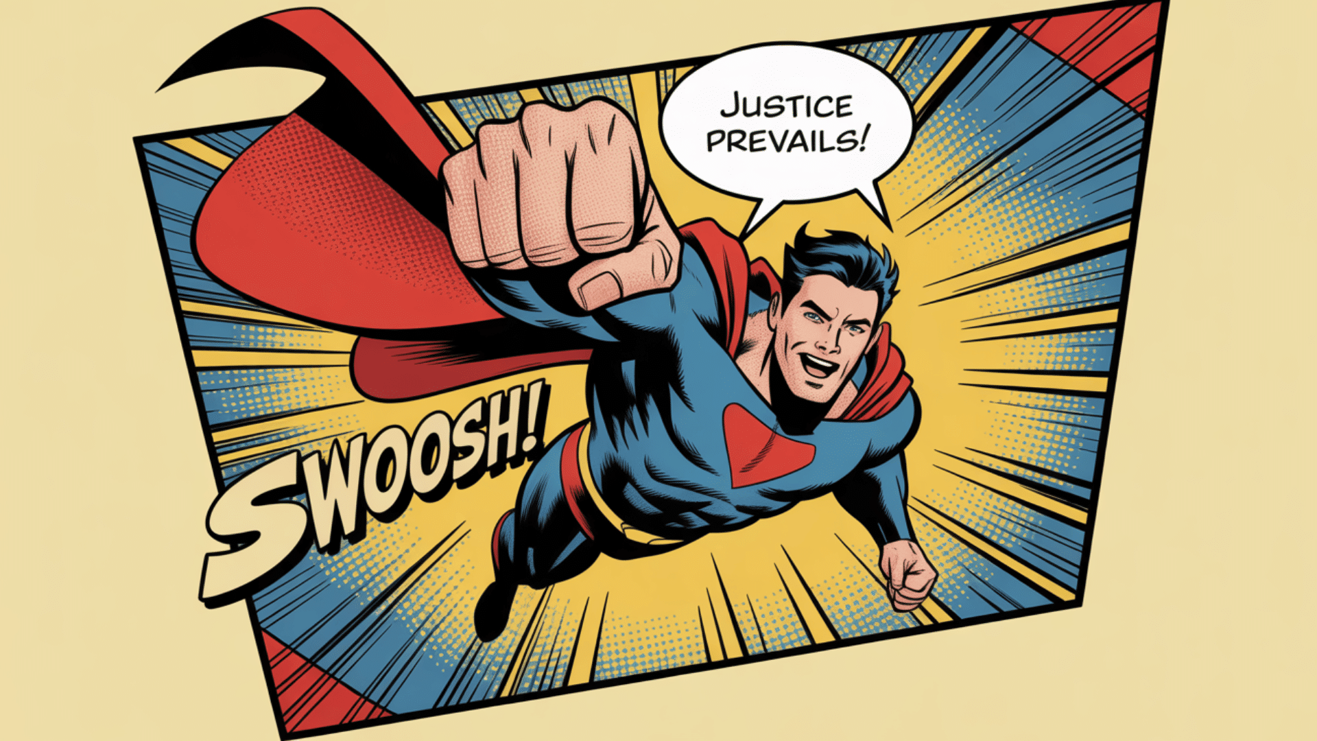 comic book style superhero action scene with bold outlines, dramatic pose, halftone shading, and speech bubble dialogue panel