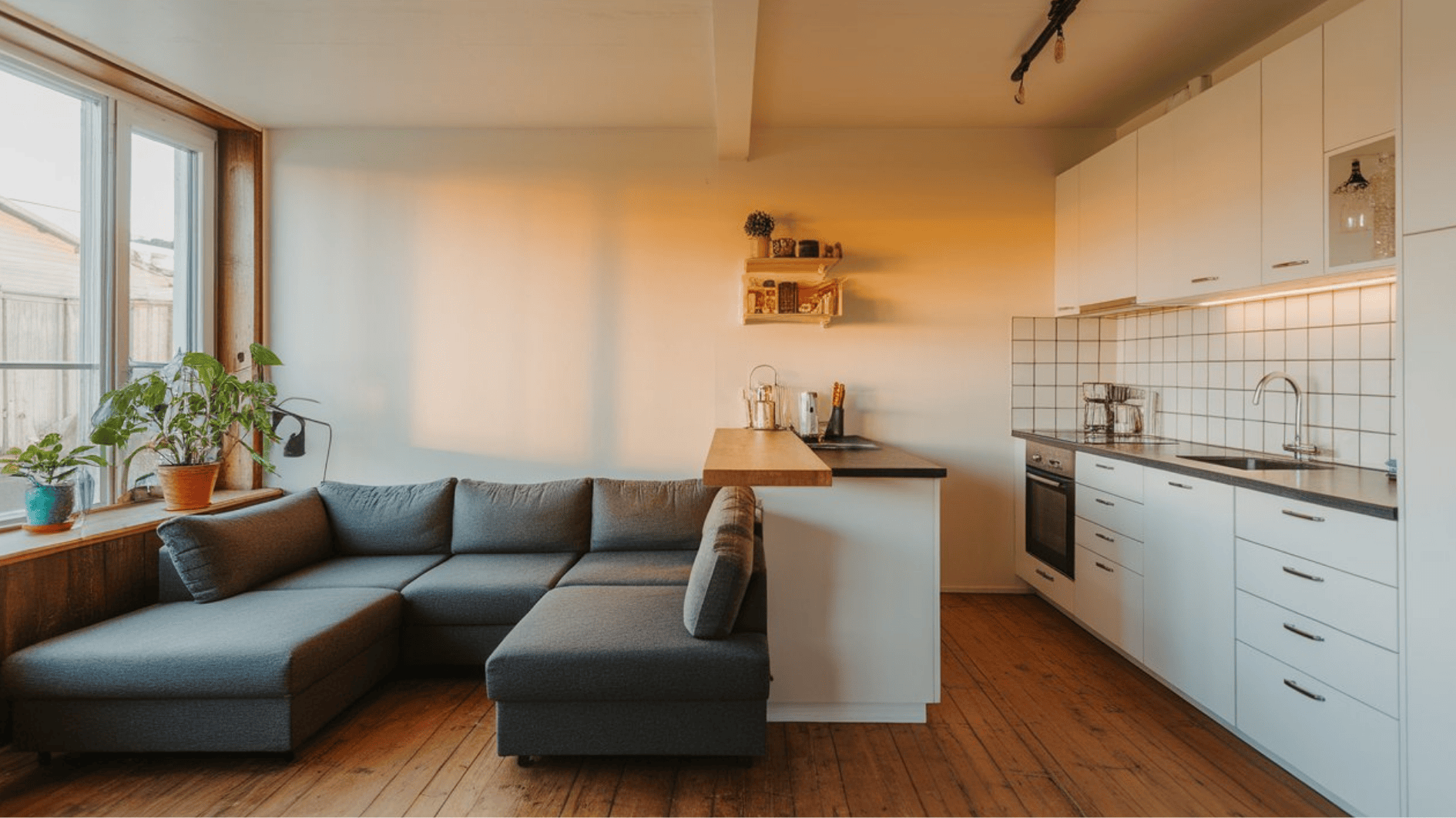 compact sofa setup with connected kitchen image