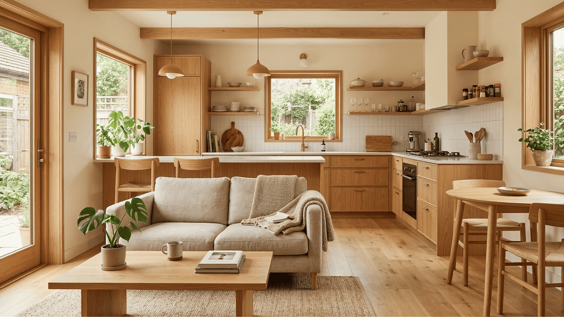 connected kitchen and living room with wooden design