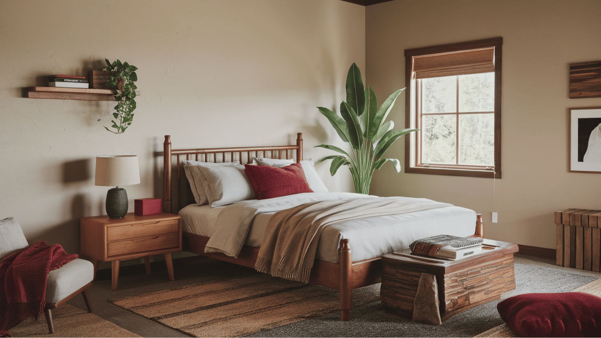 cozy cabin bedroom featuring a queen-sized bed, plants, and a warm ambiance.