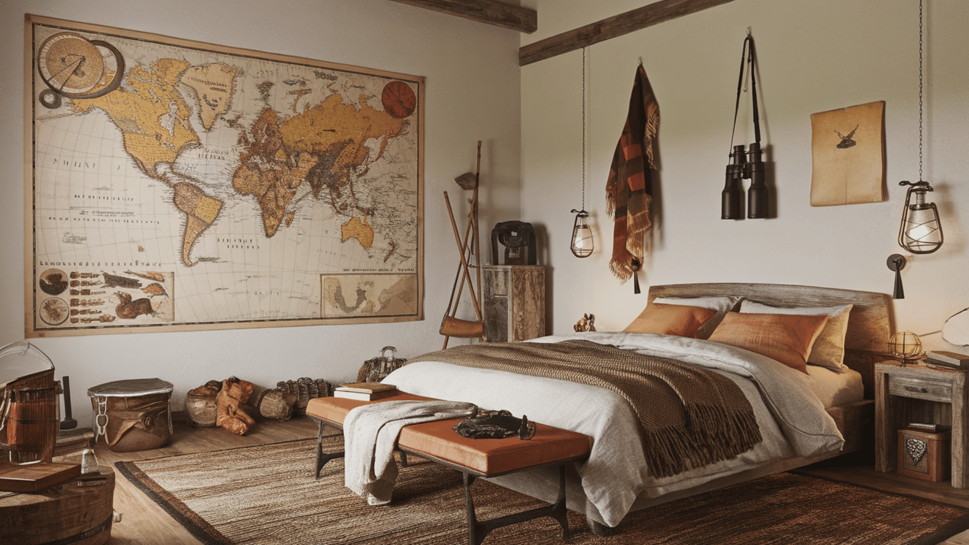 cozy cabin bedroom with a vintage world map and rustic decor, including lantern lights