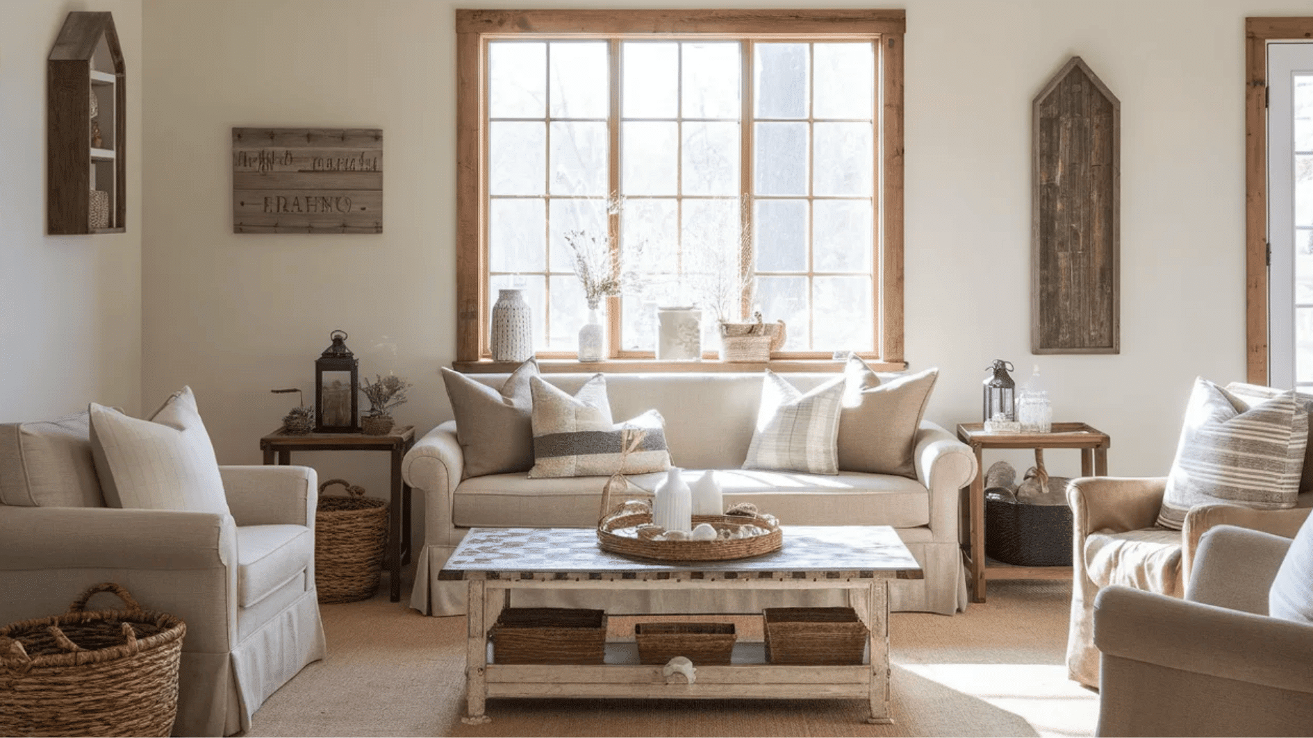 cozy farmhouse style living room with neutral tones, vintage furniture, woven baskets, and soft textured cushions