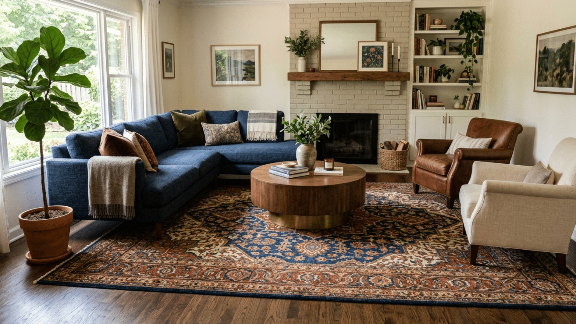 cozy living room with blue sectional sofa, round coffee table, fireplace, patterned rug, and armchairs