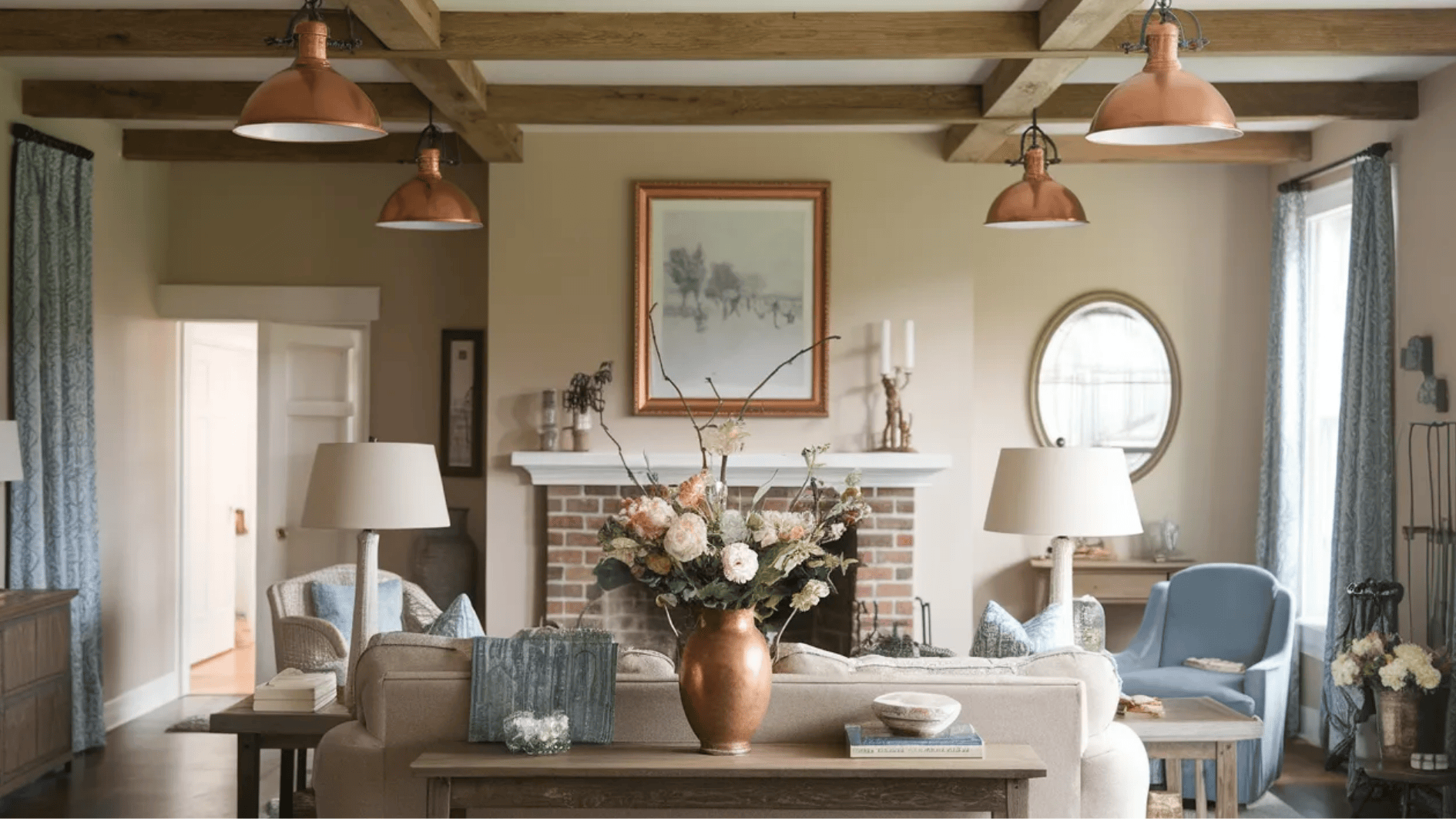 cozy living room with exposed wooden beams, copper pendant lights, soft seating, and a floral centerpiece on the coffee table