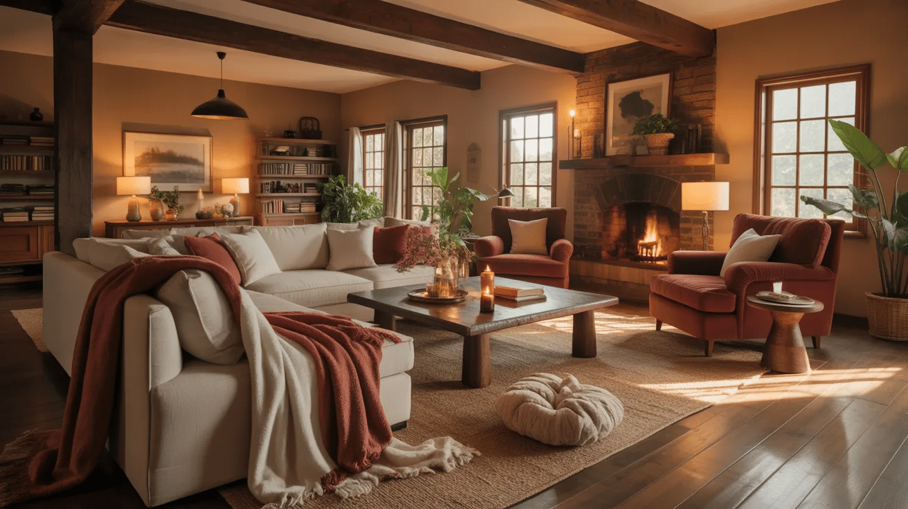 cozy living room with fireplace, sectional sofa, armchairs, wooden coffee table, and warm lighting arrangement