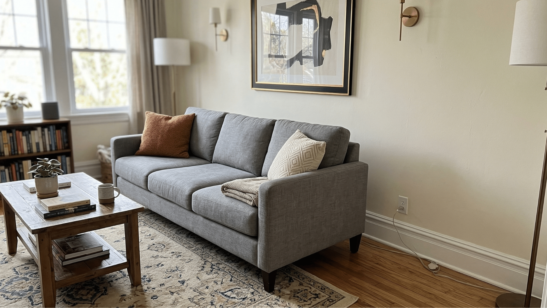 cozy living room with gray sofa, wooden coffee table, bookshelf, rug, and warm natural window light