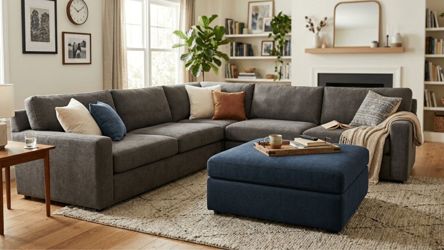cozy living room with large gray sectional sofa, ottoman coffee table, plants, and bright natural light