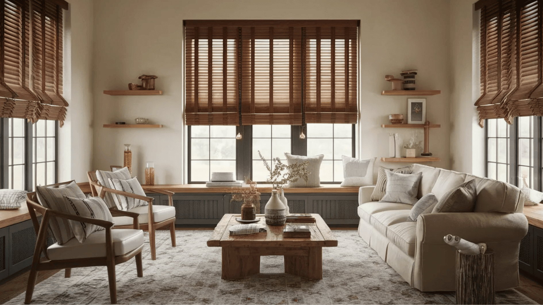 cozy living room with natural light pouring through large windows adorned with wooden blinds, featuring a comfy sofa and stylish decor