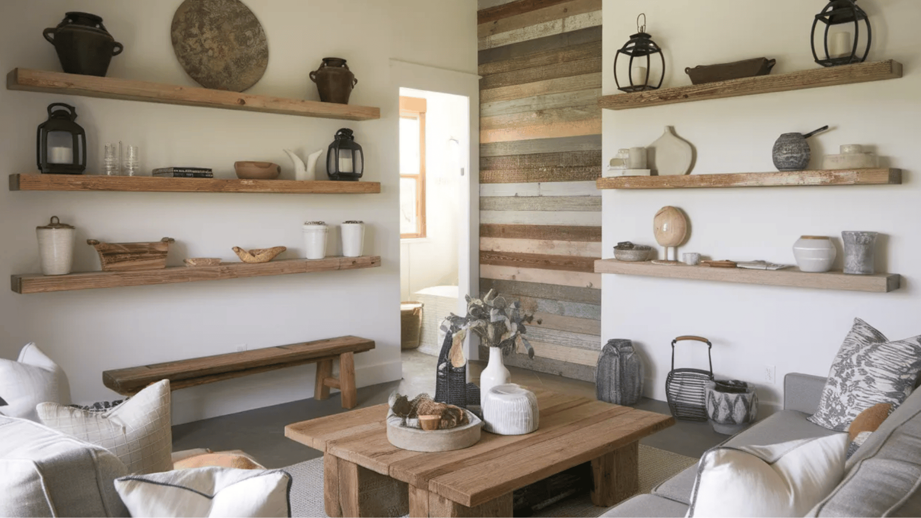 cozy living room with rustic wooden shelves, neutral-colored furniture, and decorative pottery, creating a warm atmosphere