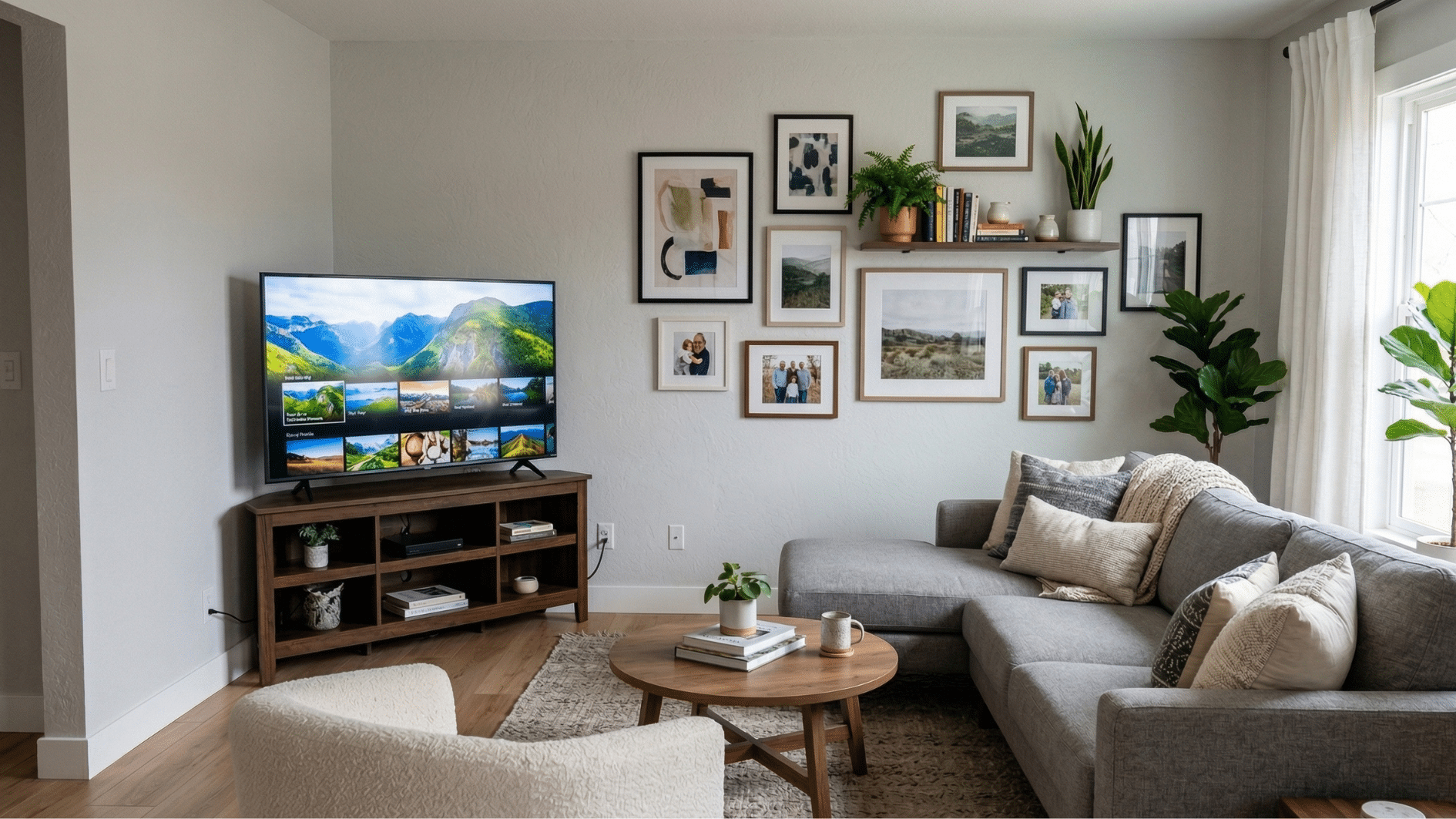 cozy living room with sectional sofa, tv console, gallery wall, plants, and bright natural window light