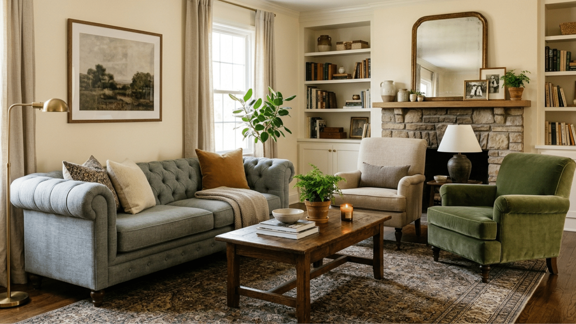 cozy living room with sofa, armchairs, wooden coffee table, fireplace, bookshelves, and natural light from window