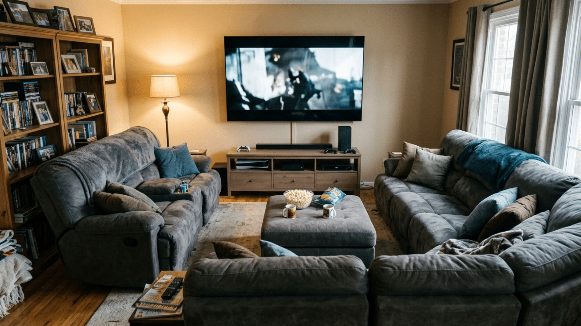 cozy living room with sofas facing tv, ottoman coffee table, bookshelf, and warm lighting for movie watching
