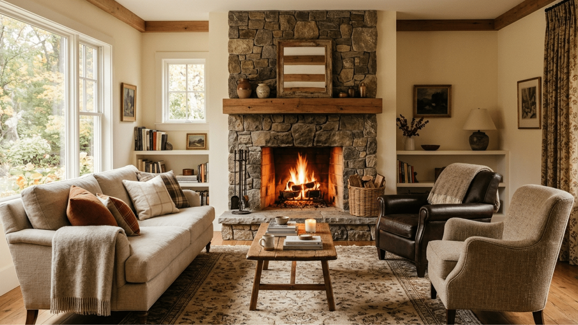 cozy living room with stone fireplace, sofa, armchairs, wooden coffee table, and warm natural light