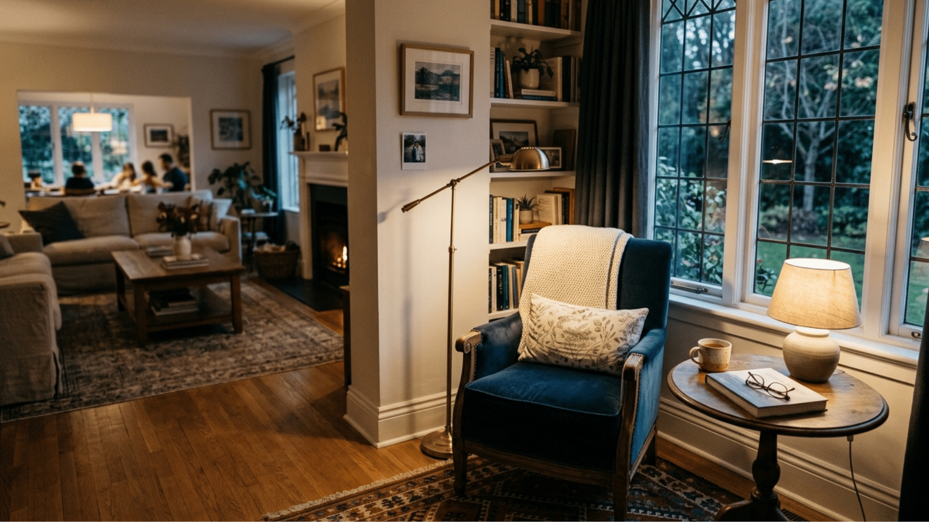 cozy reading corner with armchair, floor lamp, side table, bookshelves, and window view at evening
