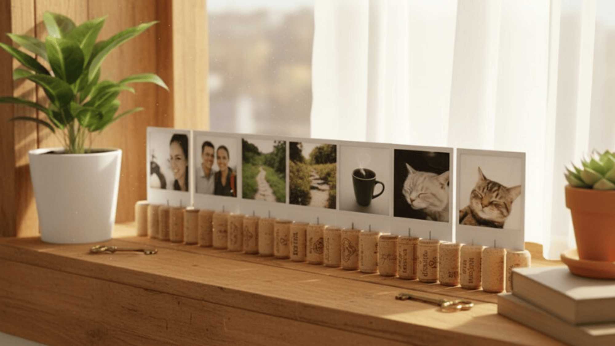 cozy shelf with wine corks holding small Polaroid-style photos upright, arranged on a rustic wooden windowsill