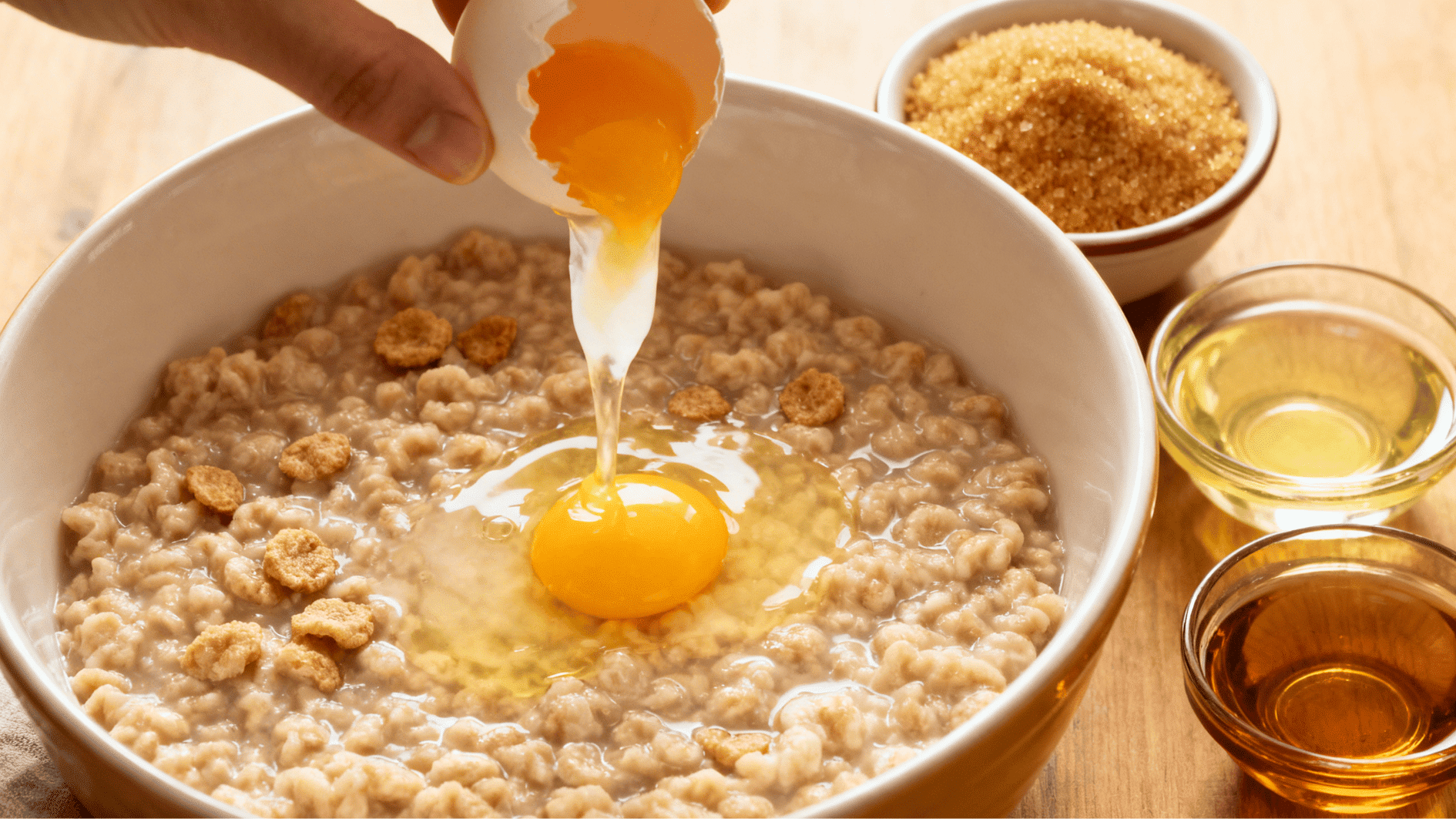 cracking an egg into a bowl of oats with small bowls of sugar and oil placed nearby on a wooden table