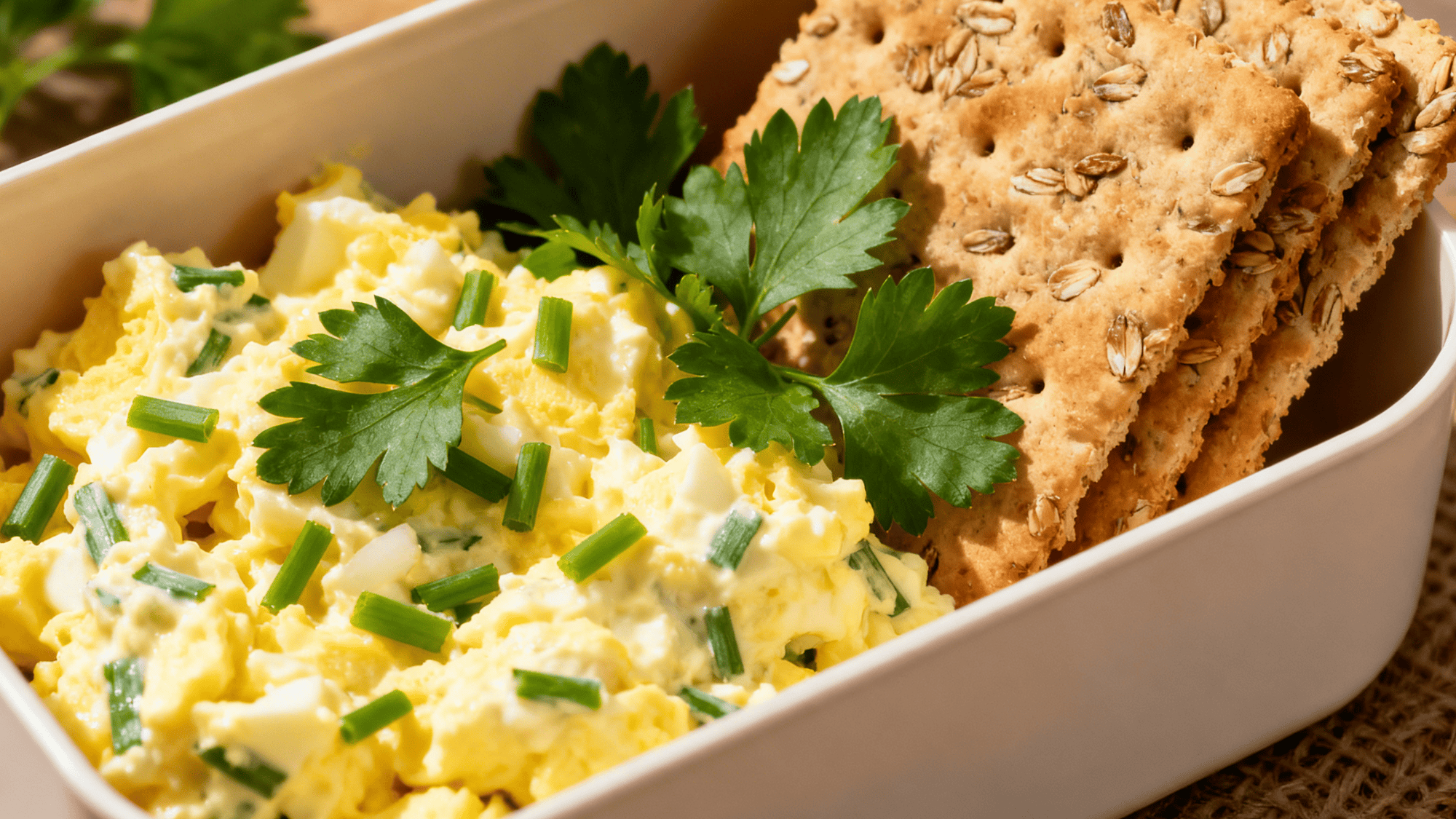 creamy egg salad with chives, served with whole-grain crackers in a lunchbox, fresh parsley garnish