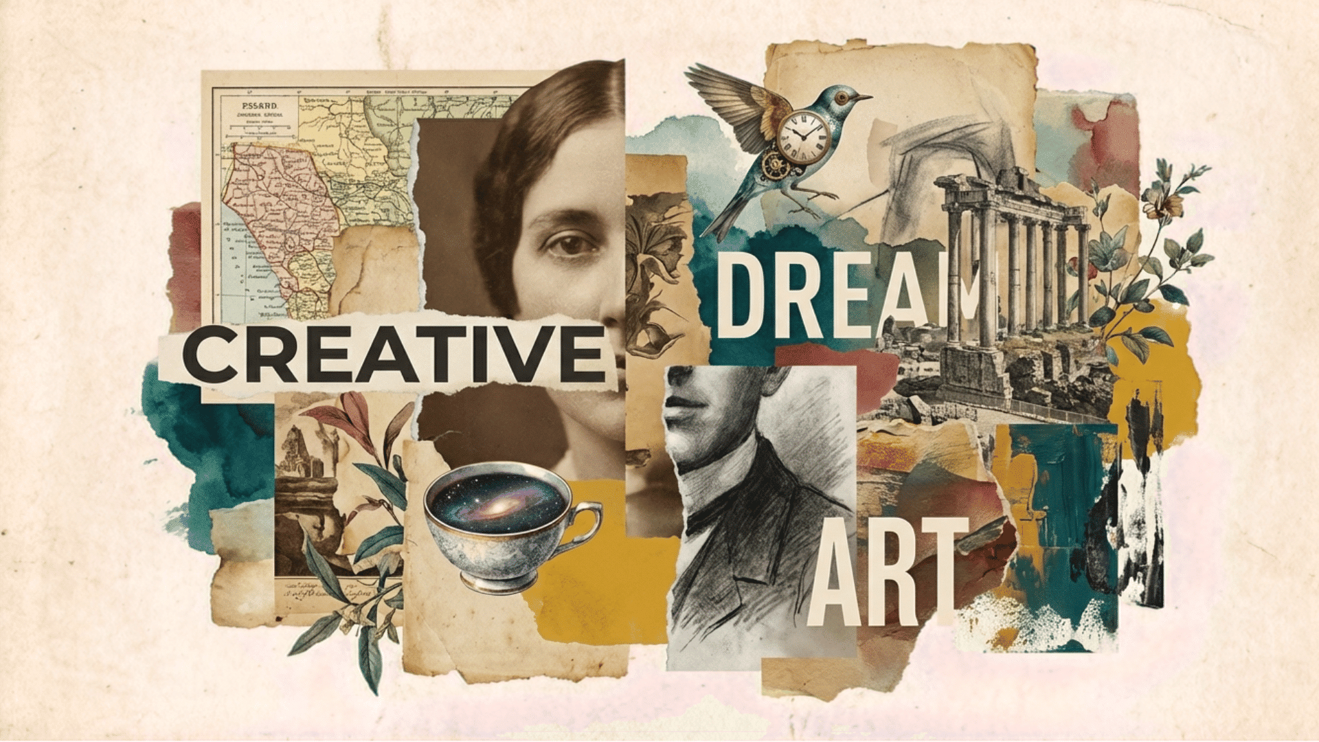 creative digital collage combining vintage photographs, layered paper textures, modern typography, and surreal objects in a mixed media design