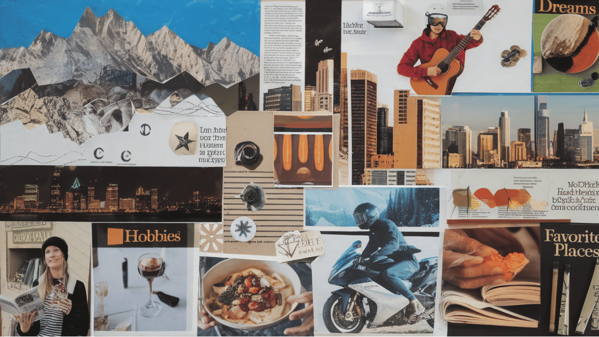 creative magazine collage artwork featuring mountains, cities, hobbies, and lifestyle images.