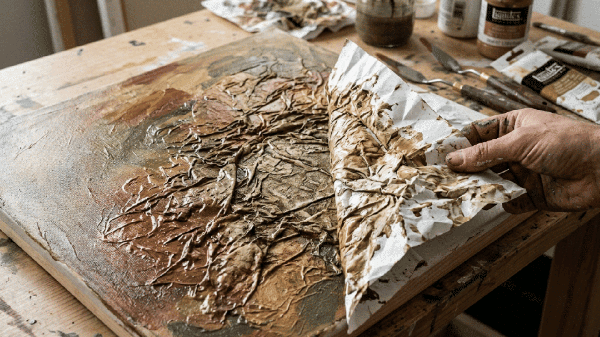 crumpled paper pressed into wet acrylic paint on canvas creating stone-like textured patterns