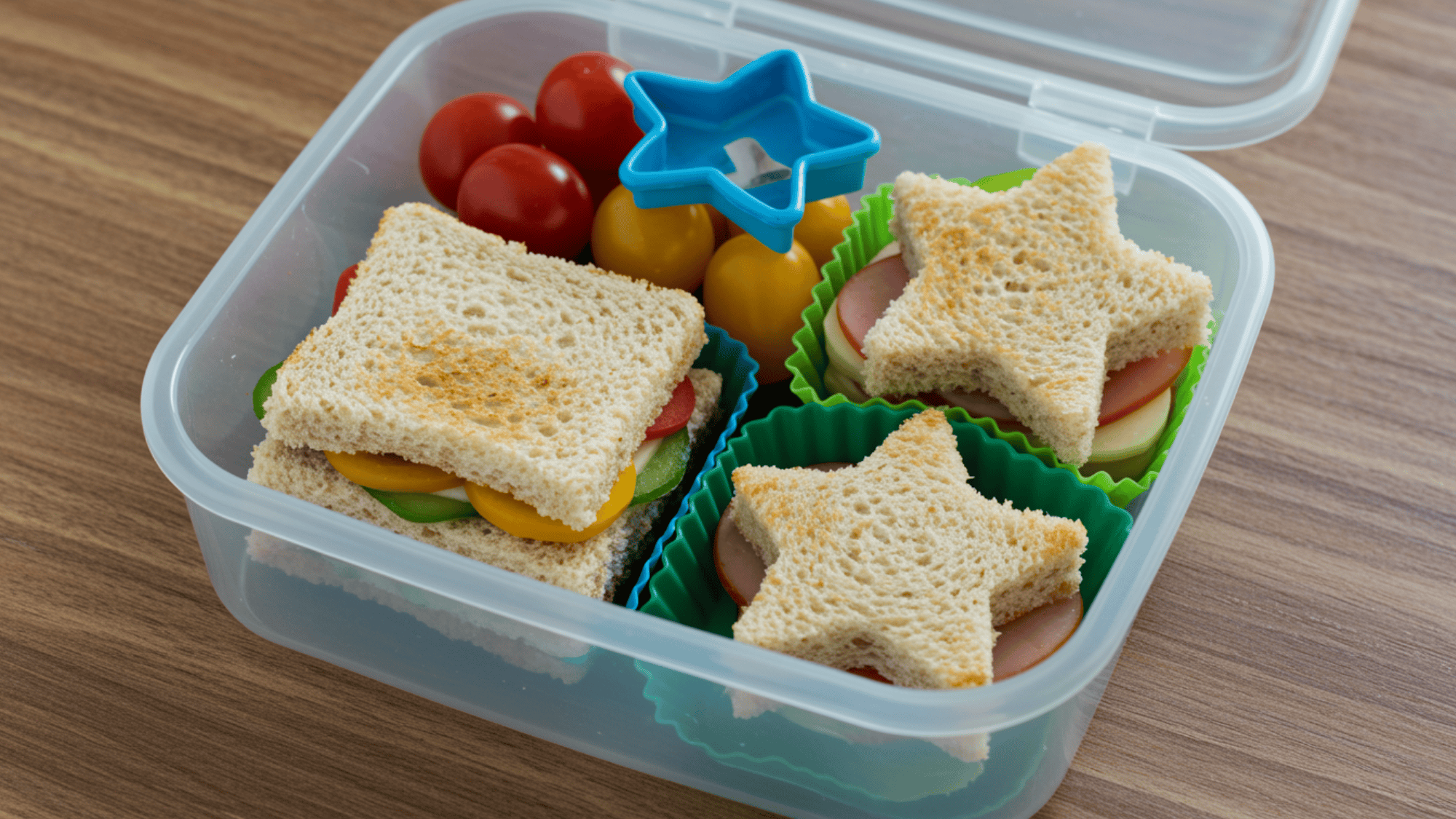 cut sandwiches into star shapes with cookie cutters, colorful fillings visible, arranged neatly in a lunchbox
