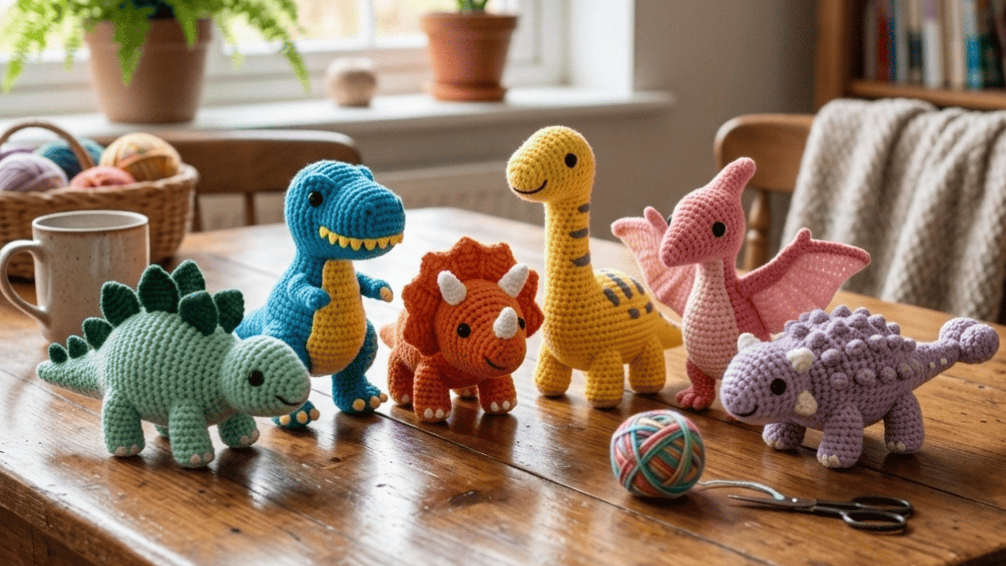 cute little crochet dinosaurs on a table