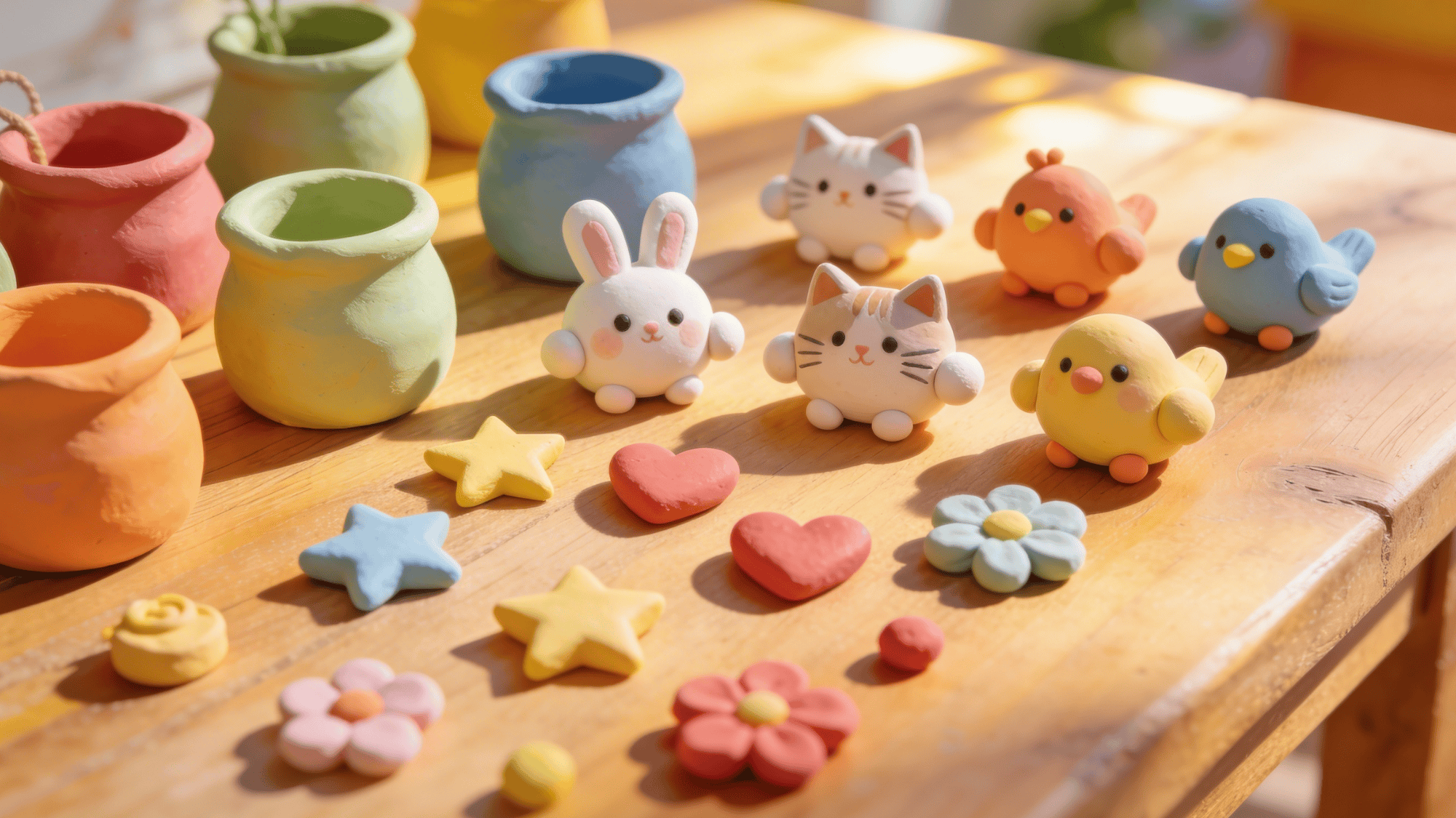 cute pots and animals placed on table