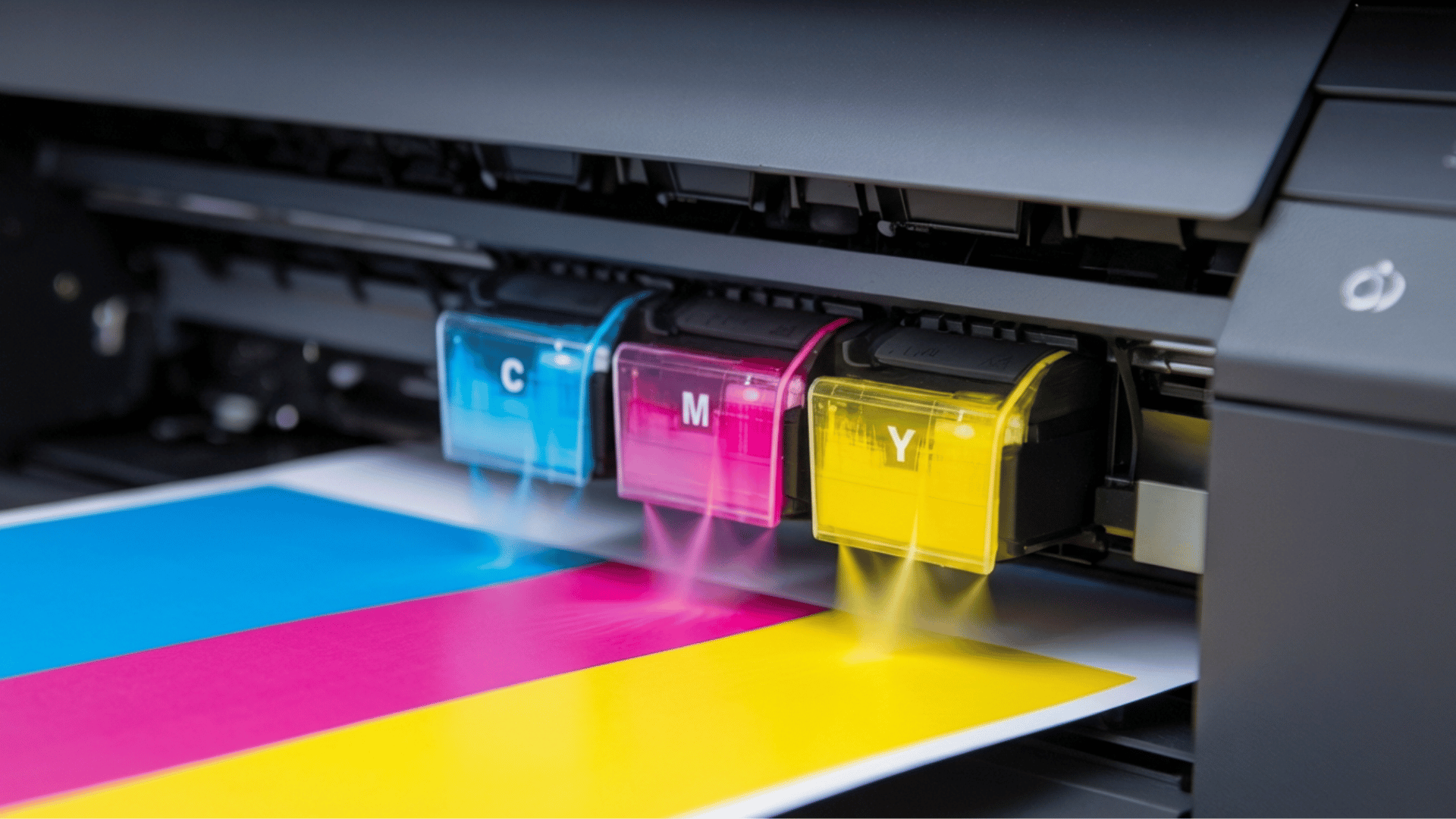 cyan, magenta, and yellow ink cartridges spraying a color pattern inside a printer.