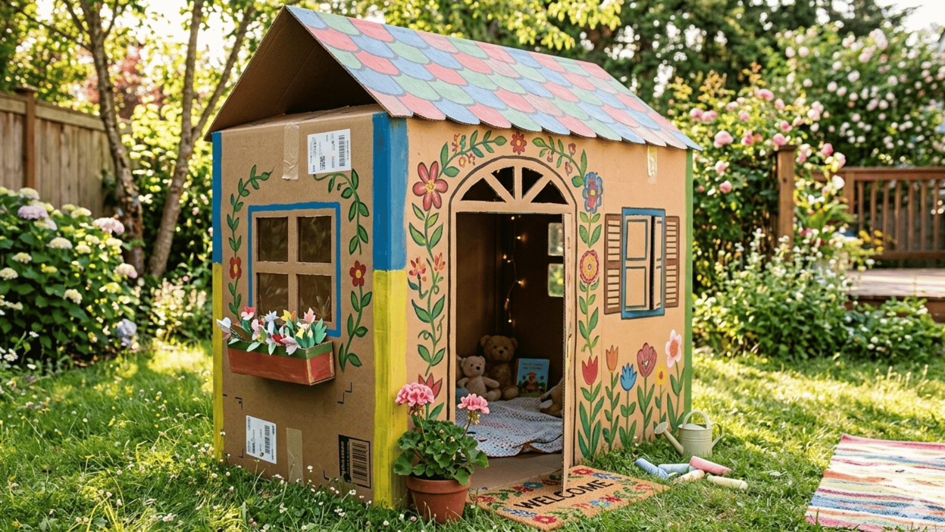 decorated cardboard box house for kids with painted windows, flowers, and open door