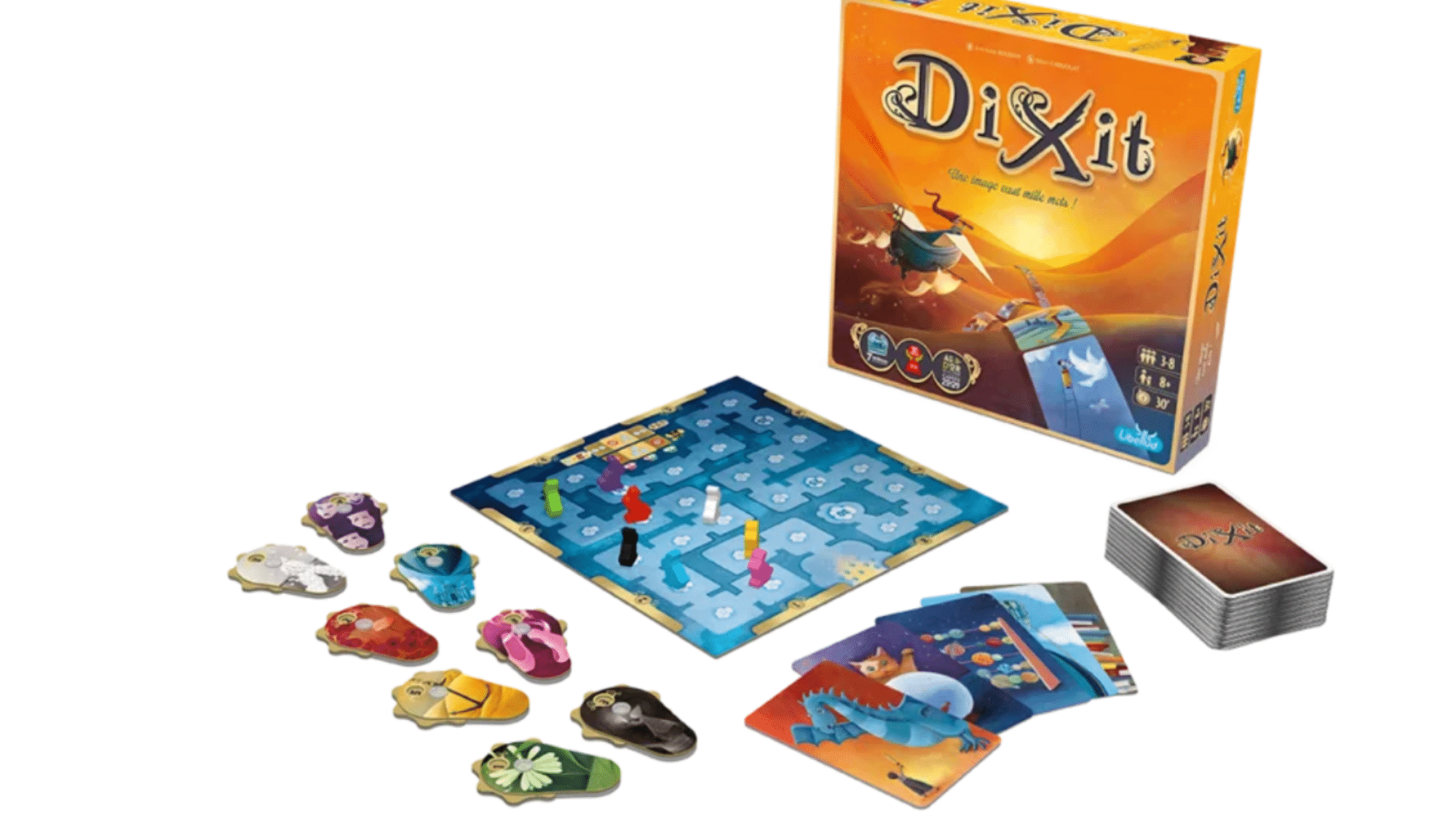 dixit board game box showing the artwork of abstract images and creative storytelling